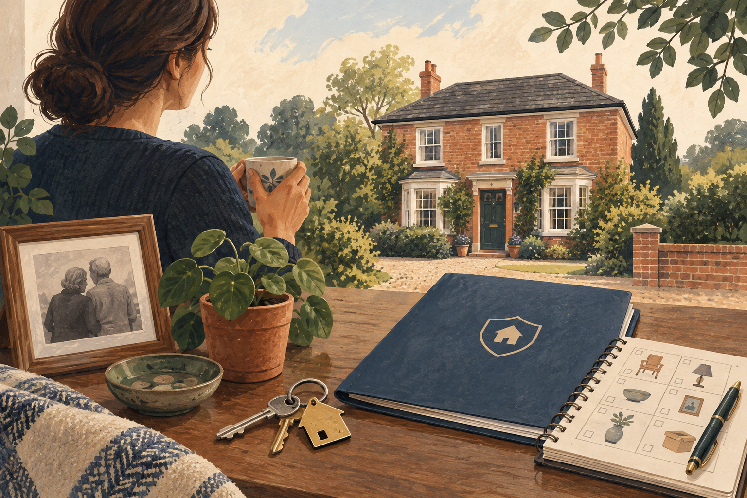 Editorial illustration of house keys, an insurance folder and a household inventory beside an inherited home.